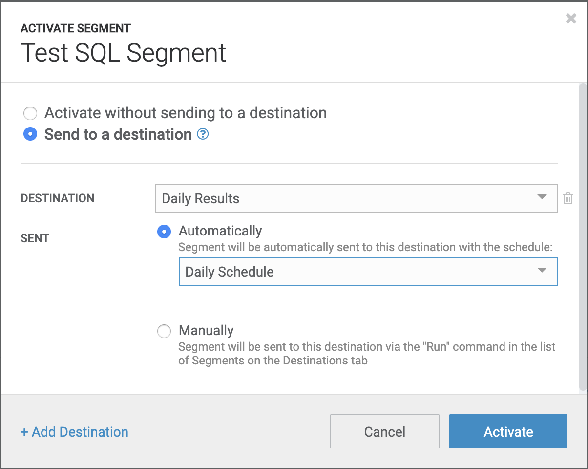 Destination configuration in the segment editor in the Amperity application